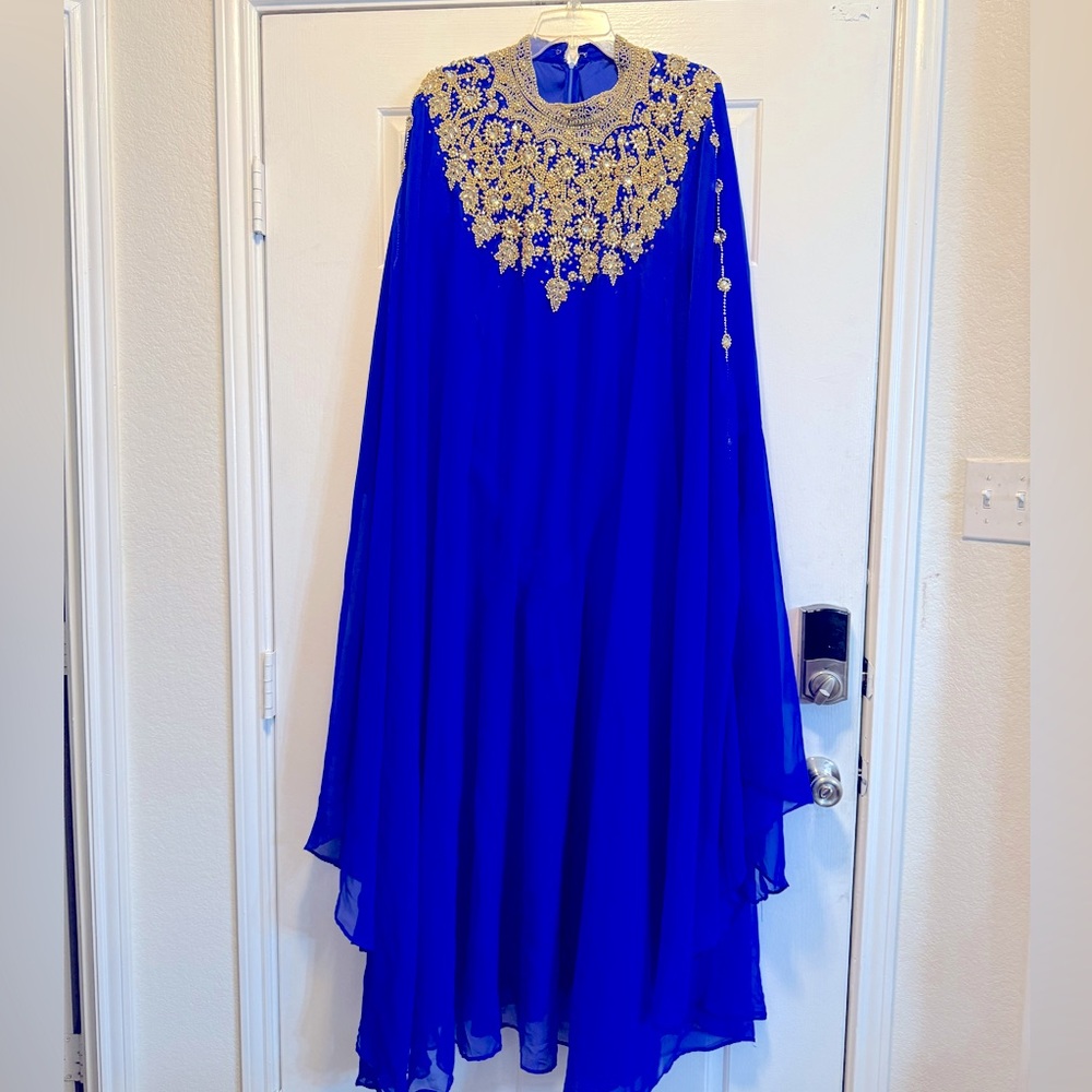 Elegant Blue Dress with Gold Embroidery